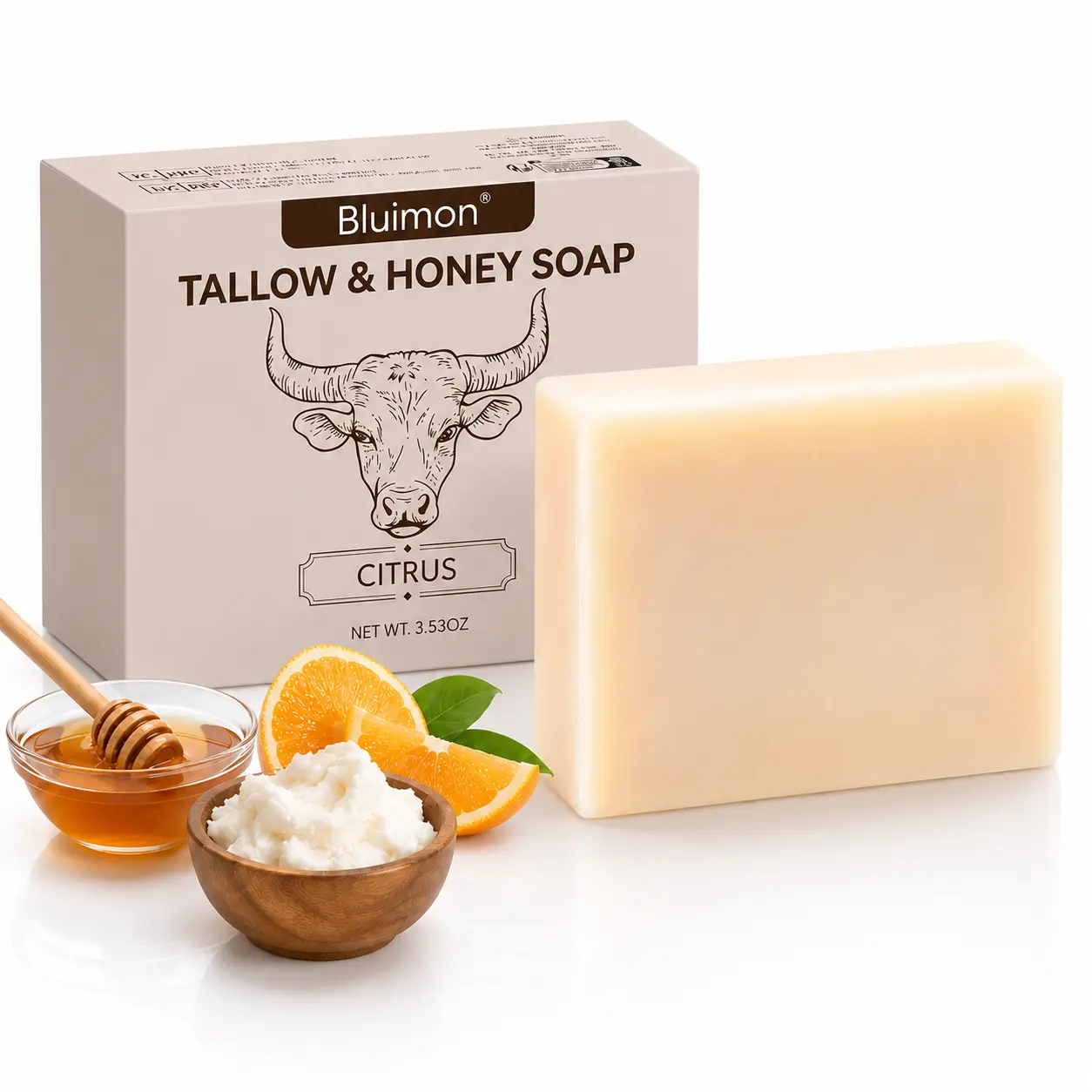 Bluimon Beef Tallow & Honey Soap Bar, Fresh Citrus Scent, Rich Creamy Lather, Daily Body Cleanser for Shower & Bath