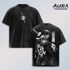 Trafalgar D Water Law OP Shirt, Vintage Washed Anime T-Shirt with Sword Graphic and Heart Pirates Emblem, Oversized Streetwear Tee for Men Women Trendy Urban Style