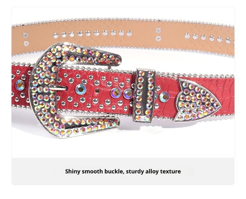 Unisex Crocodile Pattern Belt with Rhinestone Decorative Buckle Cross Pendant New Street Fashion Denim Belt Adjustable for Most Waist Sizes