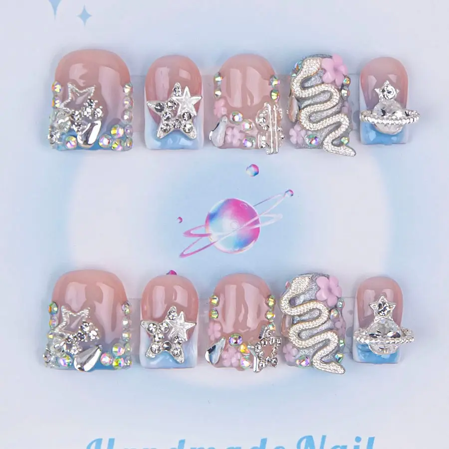 Nailssbysheccid, 10pcs press-on nails, Decorative Nails, square shape, 100% handmade, simple style, combined with French style, False nail kits, suitable for family dinners, dates, comes with jelly glue, crystal sticks and twisting rods