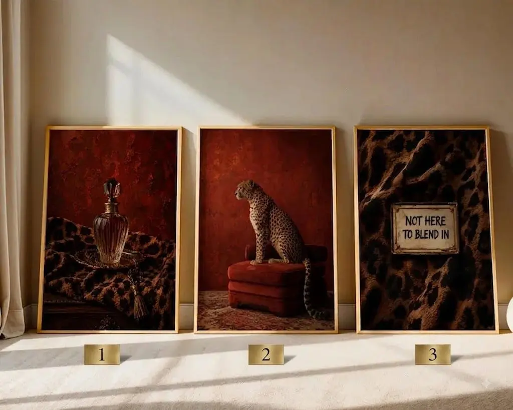 [SALE UP TO 40%] [Unframed] Set of 3 Cheetah Art Prints, Not Here To Blend In Quote, Leopard Print Decor, Maximalist Wall Art, Dark Red Aesthetic, Bold Room Poster