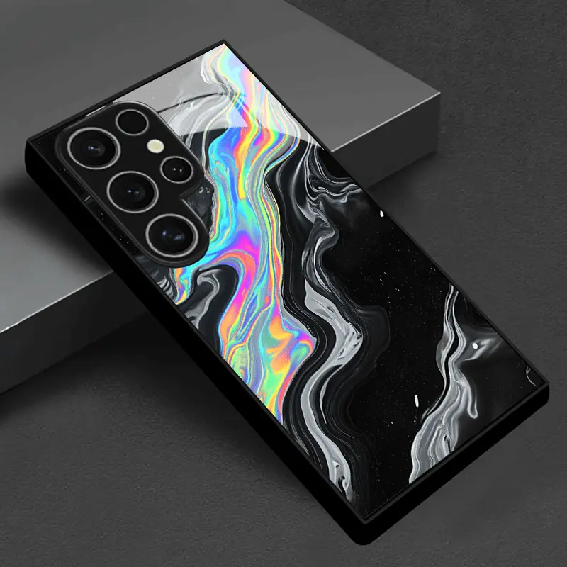 Rainbow Black & Gray Galaxy Phone Case with Tempered Glass Screen Protector - Protective Multi-Model Cover for Samsung S26,S25,S24,S23,S22 Pro,S21,S20 FE Plus Ultra Pro,A56,A55,A54,A53,A52,A51,A36,A35,A34,A32,A26,A25,A24,A23,A16,A15,A14,A06,A05,A03s