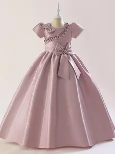 Kids Bow Decor Mesh Dress, Elegant Short Sleeve Round Neck A Line Dress for Party Wedding Guest, Princess Quince Dresses, Kids Clothes for All Seasons