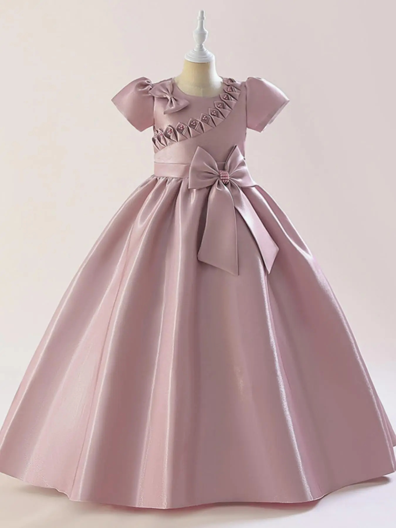 Kids Bow Decor Mesh Dress, Elegant Short Sleeve Round Neck A Line Dress for Party Wedding Guest, Kids Clothes for All Seasons