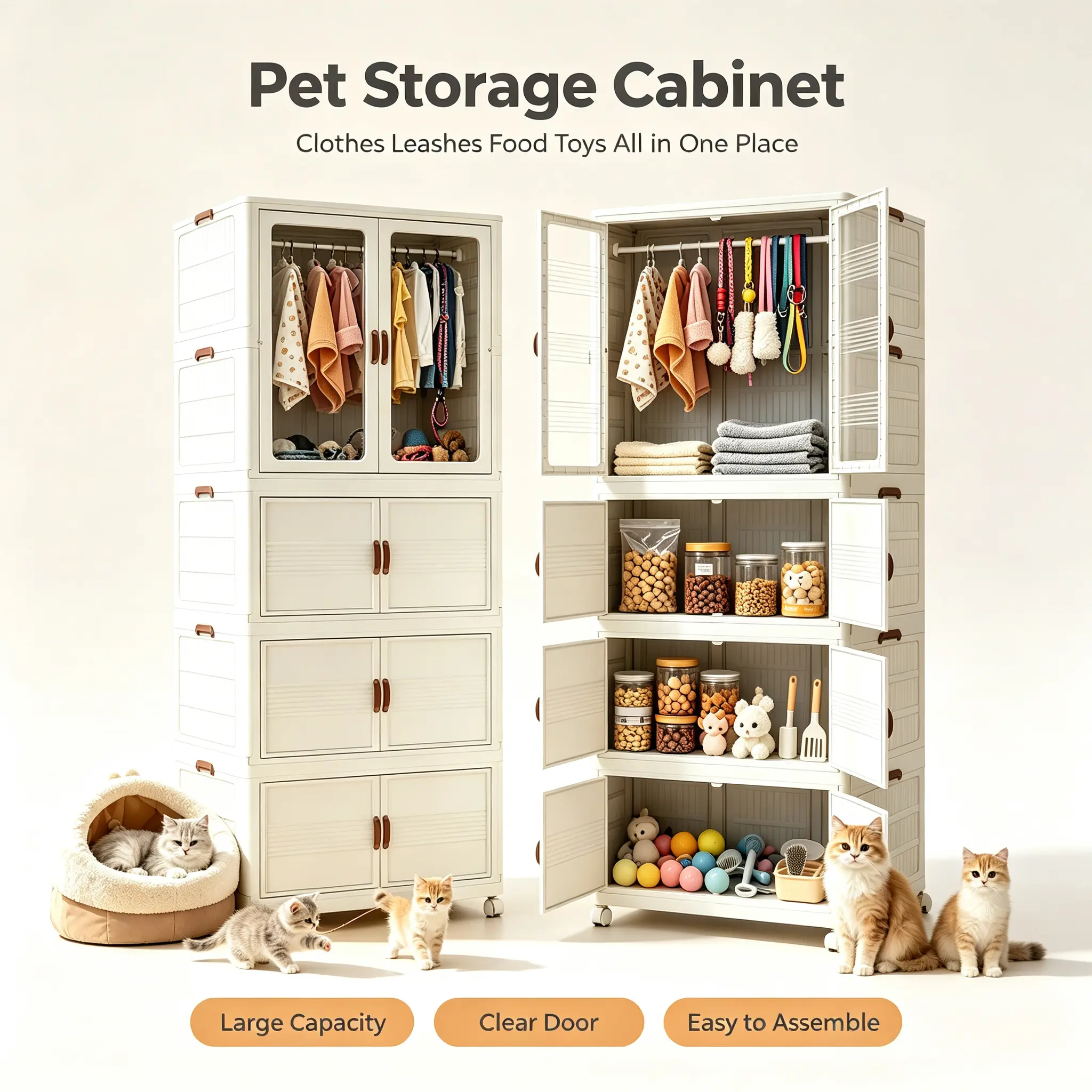 Pet Supply Storage Cabinet with Wheels, Large Stackable Organizer for Dog Food, Cat Supplies, Toys, Treats, Leashes, Grooming Tools & Pet Accessories, Foldable Storage Cabinet with Magnetic Doors