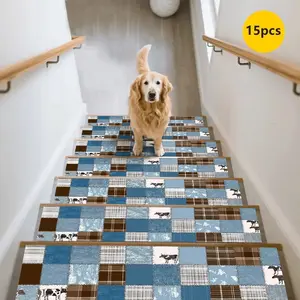 15pc Country Style Stair Mats, Durable Non-Slip Denim Patchwork, Home Stair Protection Pad, Blue Plaid Cow Pattern, Stair Decor Anti-Slip Mat