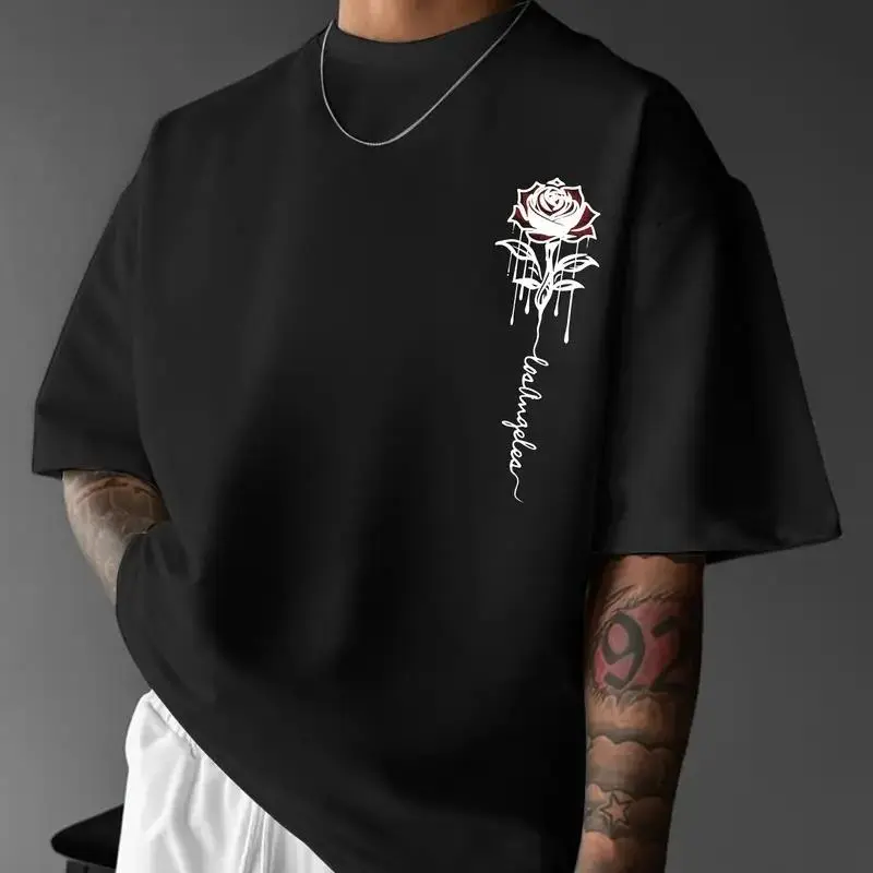 Men's Soft Cotton Short-Sleeve T-Shirt, Crew Neck, Polyester Blend, Loose Fit, Rose Print, Quick-Drying Streetwear Top, Summer Casual Wear 052, Tshirt, Shortsleeve, Menswear, Round Neck, Fashion Apparel, Mens Clothing