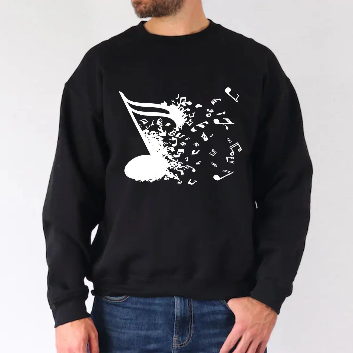 Musician Flying Music Notes Musical Art Casual Long Sleeve Crewneck Men Sports Sweatshirt Shattered Music Note Graphic Music Lover Casual Crewneck Top