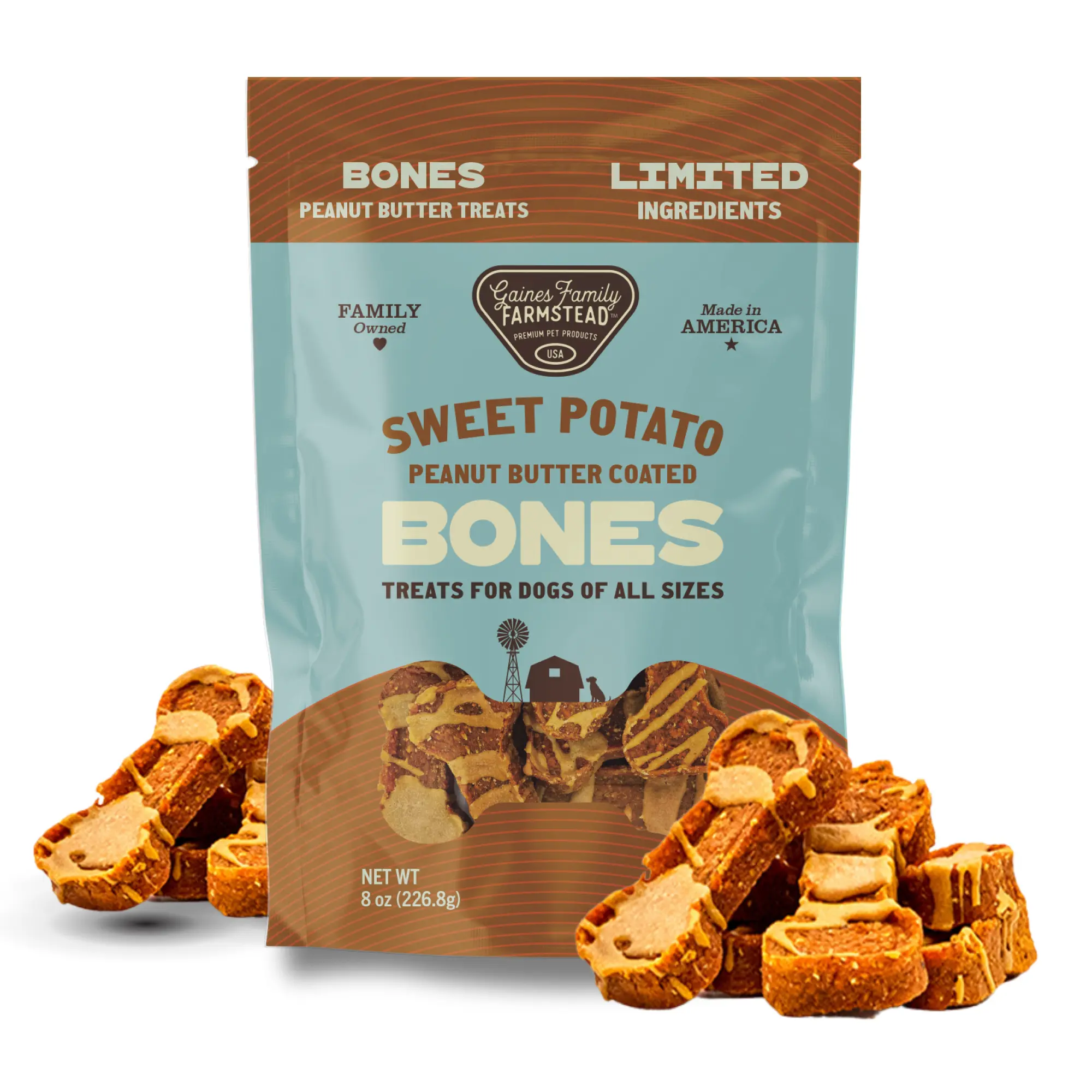 Gaines Family Farmstead Peanut Butter Sweet Potato Bones for Dogs, 8 oz - Made with 100% USA-Grown Sweet Potatoes