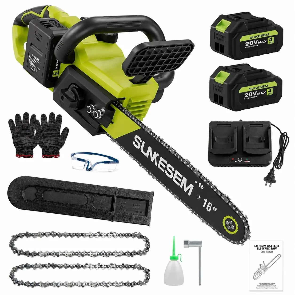 SUKESEM 16 Inch Cordless Motor Chainsaw, 20V Brushless Battery Powered Electric Chain Saw, Cuts Logs up to 14”, 2×4.0Ah Batteries & Charger, Tool-Free Chain Tension, Auto Oiler, Safety Lock for Tree Felling, Wood Cutting & Storm Cleanup