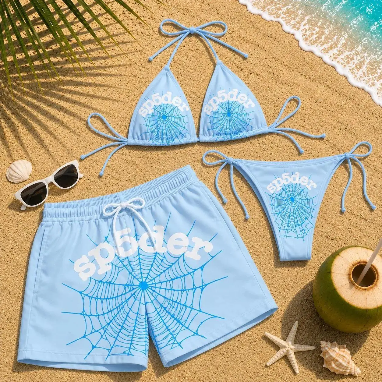 Baby Blue Spider Web Couple Swimwear Set, Matching String Bikini for Women and Mens Swim Trunks, Y2K Beach Vacation Outfit
