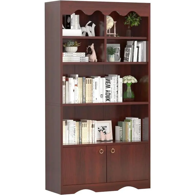 5-Tier Sturdy Modern Brown Wooden Bookcase with Doors, 63 in Tall Collectibles Storage Organizer (Assembly Required) for Living Room, Home Office Indoor Furniture, Home Office Use