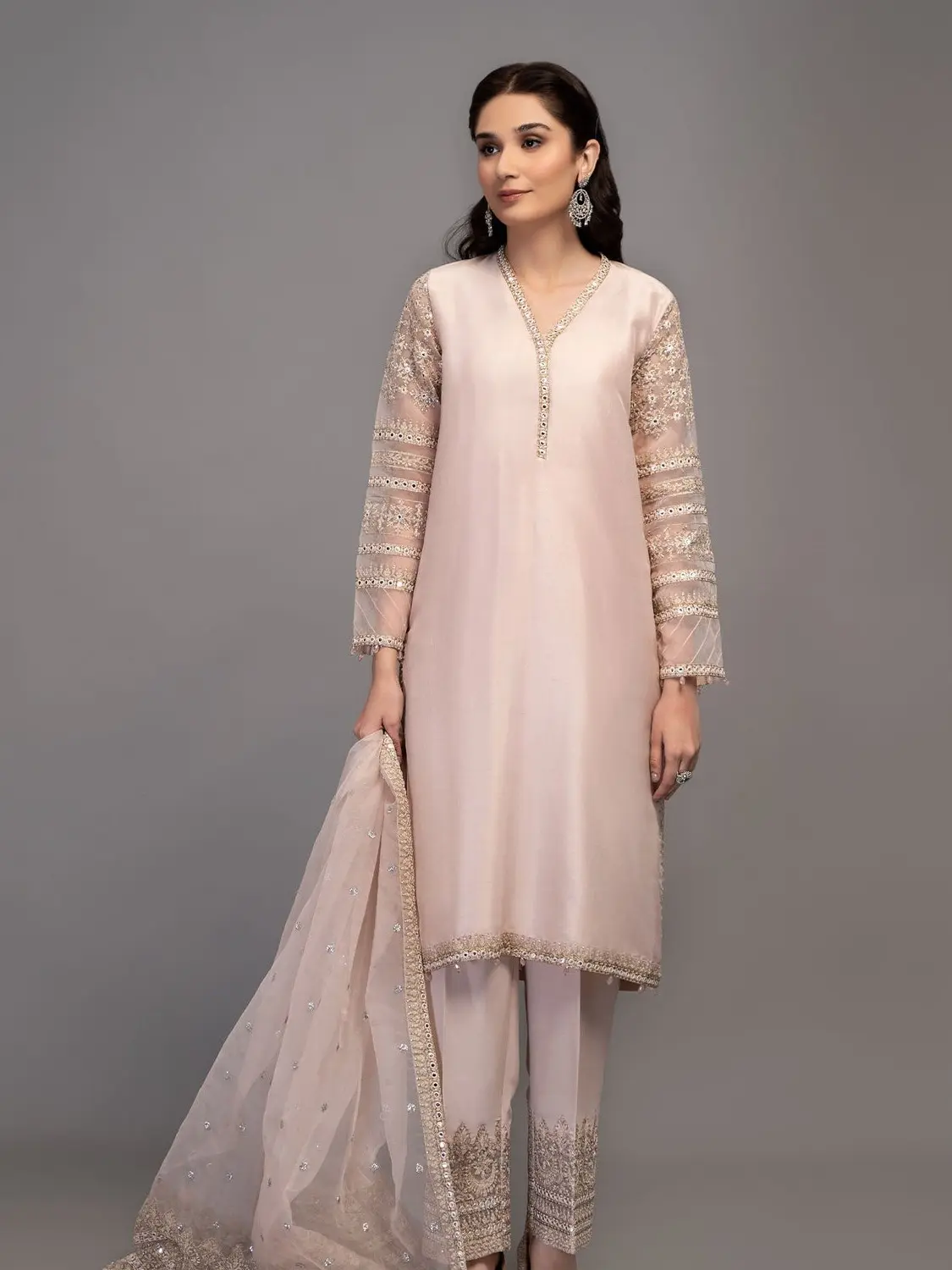 3 Piece Shirt fabric: Pure Rawsilk Trouser fabric: Cotton satin Dupatta fabric.