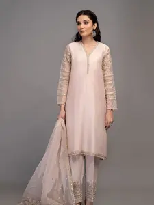 3 Piece Shirt fabric: Pure Rawsilk Trouser fabric: Cotton satin Dupatta fabric.