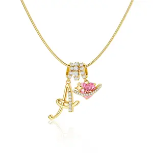 Gold Layered 3-Layering Initial A-Z Letter Pendant Necklaces for Women Snake Chain Choker Personalized Pink Heart CZ Capital Necklace Adjustable Party Jewelry for Back to school