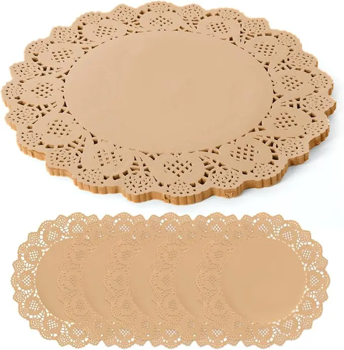 100 Pack 13.5 Inch Round Kraft Paper Doilies, Disposable Lace Placemats | Round Brown Paper Doilies for Tables Disposable Doilies for Food Cakes Desserts.