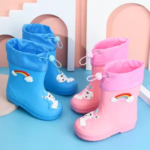 Children's Rain Boots Girls' Elastic Cuff Fleece-Lined Boys' Non-Slip Water Shoes Four Seasons Cartoon Cute Princess Rain Boots Kids' Rain Shoes