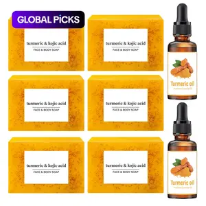 Lemon Turmeric & Kojic Acid Brightening Cleansing Soap & Turmeric Essential Oil with Soap Saver Bags, Moisturizing Skin Care Set for Women Men Face & Body Wash #GLOBAL PICKS