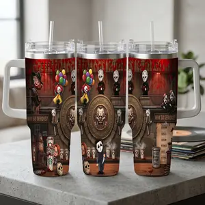 Horror Movie Icons Themed Car Tumbler (40oz/30oz/20oz) Chucky Pennywise Freddy Krueger Michael Myers Jason Voorhees Ghostface Print Durable Insulated Stainless Steel Perfect for Halloween Parties Movie Nights Road Trips Gifts for Horror Fans