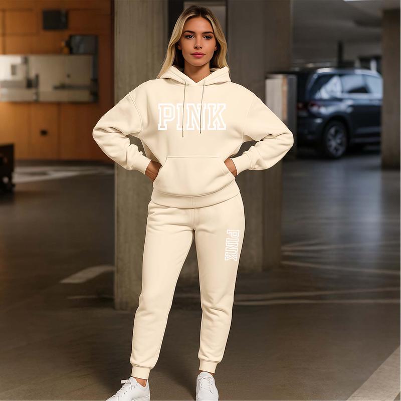Women's Pink Print Hoodie And Drawstring Track Pants Set, Casual Sportswear, Long-Sleeved Hooded Jacket And Pants, Suitable For Autumn And Winter, Everyday Wear, Indoor And Outdoor Sportswear, Casual Sportswear.