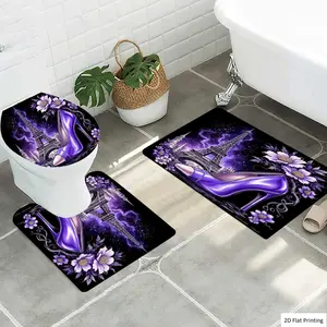 1/3Pcs Purple themed with High heel Shoe and Eiffel Tower Bathroom Mat Set, Flannel Non Slip Bath Rug, Toilet U-Shape Mat, Toilet Lid Cover, Thickened Soft Absorb Water, Microfiber Surface Memory Foam Cushion,