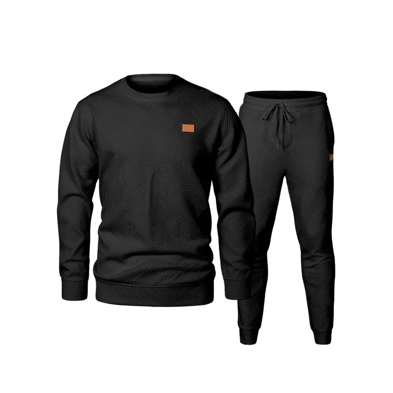 Men's 2-Piece Casual Crewneck Jacquard Textured Streetwear Tracksuit Set - High-Quality Fabric, Classic Sporty Style, Sweatshirt & Joggers, Mensfashion, Ideal for Fall, Winter, Springfashion