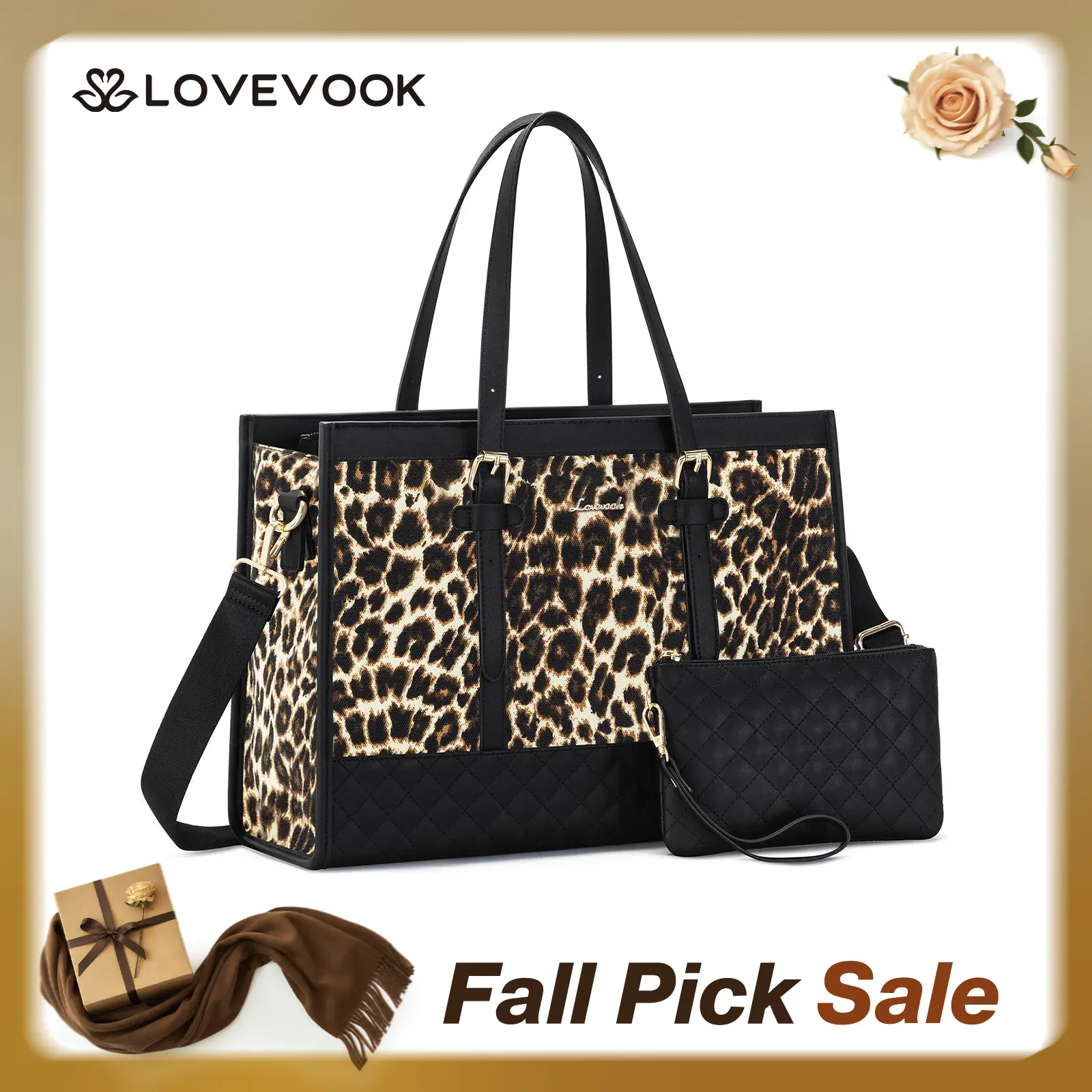 LOVEVOOK Laptop Tote Bag with Clutch Purse, Canvas Computer Bag Office Briefcase, Casual Handbag for Travel, Crossbody for College, Teacher, School TikTokShopBackToSchool