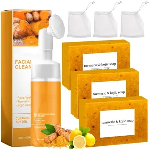 Turmeric Soap & Turmeric Face Wash Set, Honey Lemon Tumeric Kojic Soap Bar & Facial Cleanser Combo for Face & Body, Evens Skin Tone Deep Cleansing Moisturizing