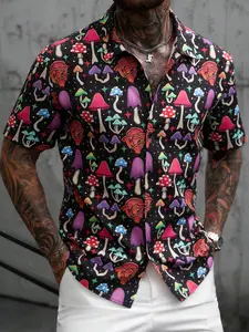 Men's American Street Style Short Sleeve Shirt, Colorful Tropical Mushroom Print, Casual Fitted Design, Perfect for Commuting & Vacation
