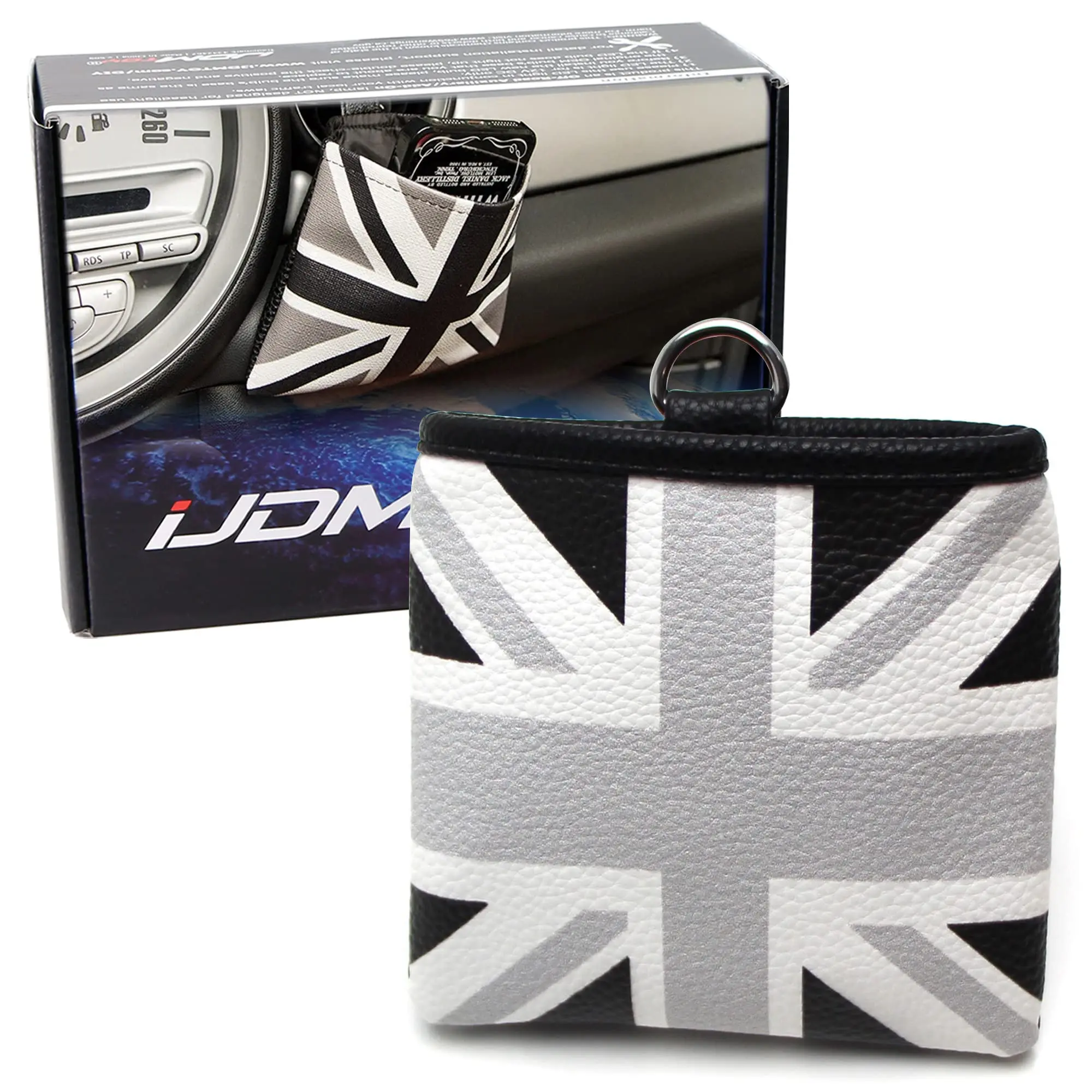 iJDMTOY Black/Grey Union Jack UK Flag Style Air Vent Hanging Organizer Pocket For Smartphone, Drinks, Sunglasses, etc
