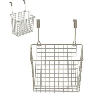 Hanging Baskets for Organizing (Large, Satin Nickel) - Grid Over the Cabinet Wire Basket for Kitchen or Bathroom - Door Hanging Storage Organizer for Cleaning Supplies, Washcloths, & Towels