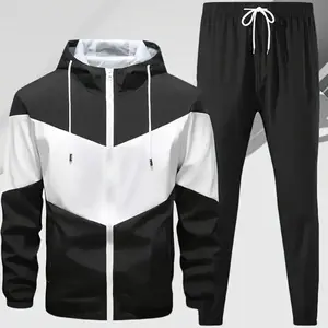 Men's spring and autumn thin long-sleeve jacket sports suit, hooded color-block jacket with elastic waist tapered pants, two-piece set for outdoor activities, running, and casual wear