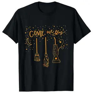 Come on, Let's Fly Hocus Pocus Halloween T-Shirt - 100% Cotton 200g Weight, Loose Fit Unisex with Witch Broom, Bat Pattern and "COME WE Dope" Words, Large Size S-XXXL, Machine Washable Fabric, Black Casual Crew Neck Top, Suitable for Halloween Parties