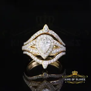 King of Bling's 925 Silver Yellow Enhancer Guard Wrap 1.75ct VVS D Pear Moissanite Ring Size 7