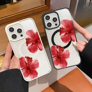 MagSafe Compatible Silicone & Transparent Acrylic Phone Case for iPhone 17,16,15,14 Pro Max,13,12,11,XR,XS,Air,Plus - Trendy Hibiscus Eternal Growth Pattern, Wireless Charging Support, Shockproof, Non-Slip