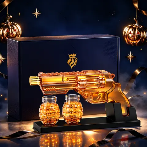 Kollea Whiskey Bottle with Luxury Gift Box,Grenade-Shaped Shot Bottles,Halloween Gift&Party Decor,Decanter Set,Bar Accessories,12.83oz Lead-Free Glass Decanter&Wooden Stand,Gifts for Men,Father,Husband,Boyfriend&Military Enthusiasts,Empty Decanter giftide