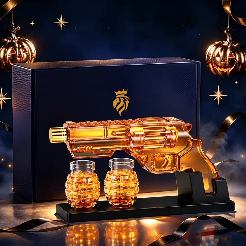 Kollea Whiskey Bottle with Luxury Gift Box,Grenade-Shaped Shot Bottles,Halloween Gift&Party Decor,Decanter Set,Bar Accessories,12.83oz Lead-Free Glass Decanter&Wooden Stand,Gifts for Men,Father,Husband,Boyfriend&Military Enthusiasts,Empty Decanter giftide