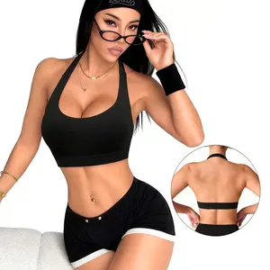 Glfera Women's High Support Backless Halter Sports Bra - Seamless Strappy Yoga Crop Top with Removable Pads, Buttery Soft Silky Fabric, Snug Comfy Everyday Underwear