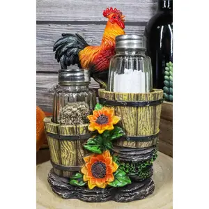 Ebros Sunflower Farm Crowing Rooster Standing On Fence By Old Fashioned Wooden Buckets Glass Salt And Pepper Shakers Holder Figurine 6.5"H Chicken Country Western Decorative Sculpture
