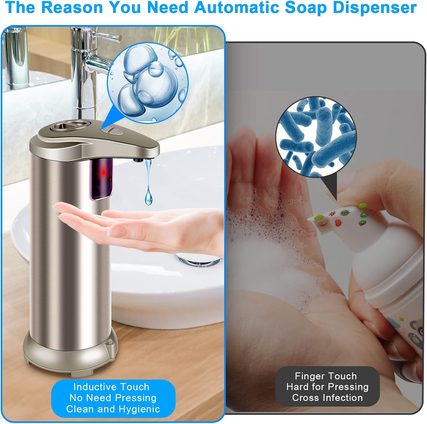 Automatic Soap Dispenser, 3 Adjustable Dispensing Levels with Stainless Steel, Infrared Motion Sensor & Waterproof Base, Smart Touchless Soap Dispenser for Bathroom, Kitchen, School and Hotel Use