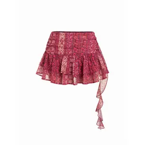 Cider Chiffon Low Rise Aztec Layered Ruffled Draped Mini Skirt