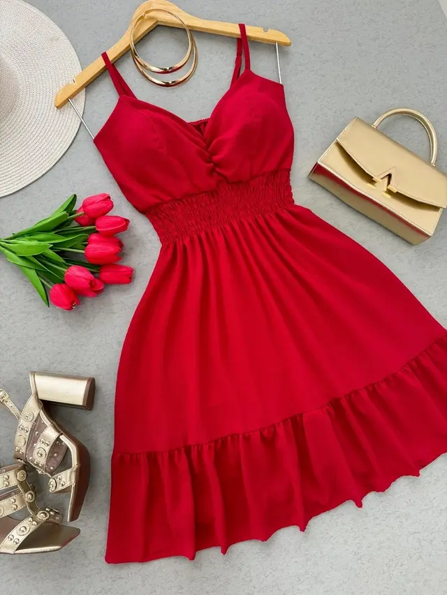 Dress, women’s spring/summer sexy camisole dress, beach vacation home skirt, elastic waist slimming fit, autumn red fashion dress, wedding guest attire