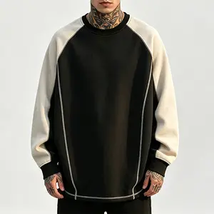 Men's Retro Color-Block Pullover, Baggy Streetwear Raglan Sweatshirt, Y2K Style Autumn Winter Crewneck, Urban Contrast Stitching Top