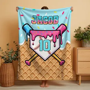 Personalized Baseball Drip Blanket for Kid, Custom Ice Cream Drip Baseball Flannel Blankets, Custom Name Blanket Gifts for Players Birthday,