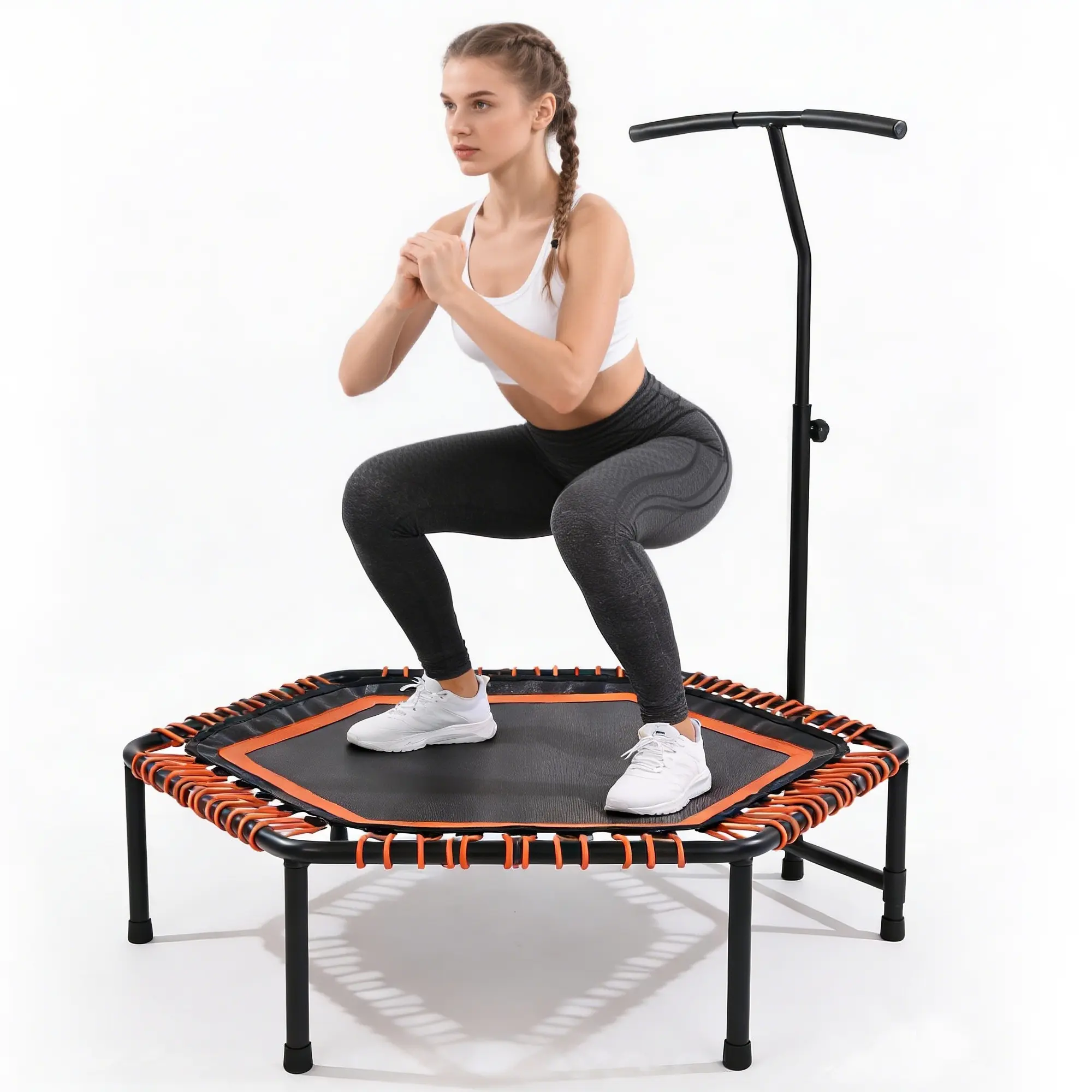 48" Mini Rebounder for Adults with Adjustable Handle Bar Bungee Ropes Stable Quiet Indoor Outdoor Whole Body Workout Relaxation Fitness Trampoline for Home Gym Cardio Strength Training 330LBS Capacity