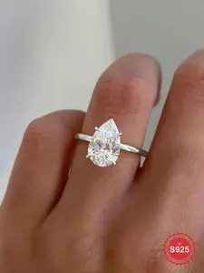 S925 Sterling Silver Classic Simple Pear Shaped Artificial Zircon Ring, Luxury Engagement Ring for Women, Fine Jewelry for Party, Daily Decor, Trendy All-match & Exquisite Jewelry for Birthday Gift