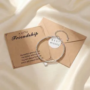 Silver-Plated Adjustable Bolo Bracelet, Dainty Heart Charm Beaded Chain Bracelet for Women, Tarnish-Free Fashion Jewelry, Trendy Everyday Gift
