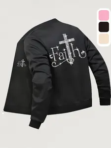 Black pilot jacket featuring “Faith” lettering and faux rhinestone cross detailing. Women's fashionable casual Fitted jacket, perfect for fall/winter wear. Minimalist design, ideal for everyday styling.