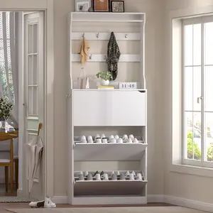 Home Decor Collection，Shoe Cabinet with 3 Flip Drawers & Coat Rack, Narrow Hidden Shoe Storage Cabinet, 2-in-1 Hall Tree Slim Freestanding Shoe Rack Organizer for Entryway, Hallway, and Living Room