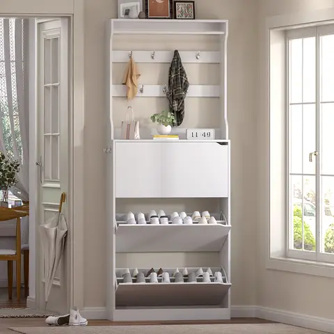 Elegant Tall 2-in-1 Wood Hall Tree Shoe Rack Organizer - Narrow Stable Base, High Capacity 3-Layer Home Decor Storage for Entryway, with 3 Flip-Out Drawers, Coat Hooks, Clothes Holder, 78.74"h × 31.5"w × 9.45"d Indoor Furniture